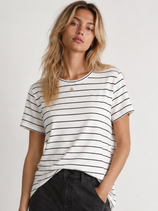 Ann Taylor Tops - ANN TAYLOR Striped Crewneck Short Sleeve T-Shirt Top Off-white Black Sz MP EUC